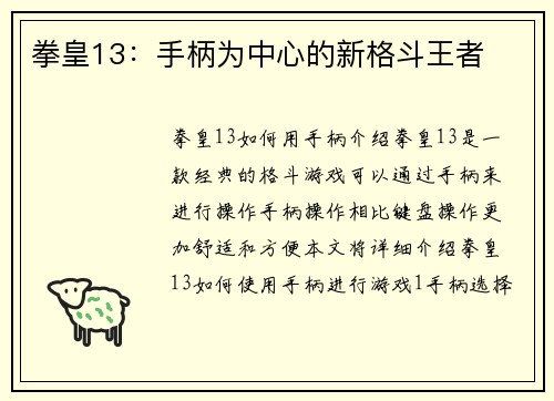 拳皇13：手柄为中心的新格斗王者